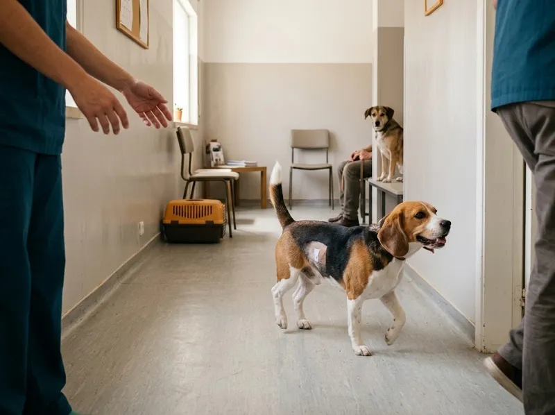 Um beagle em recuperação a passear no corredor da clínica (ilustrativa)