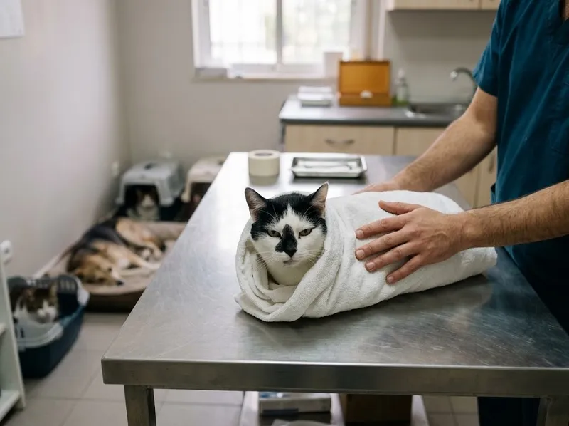 Um gato enrolado numa toalha depois de uma consulta (ilustrativa)