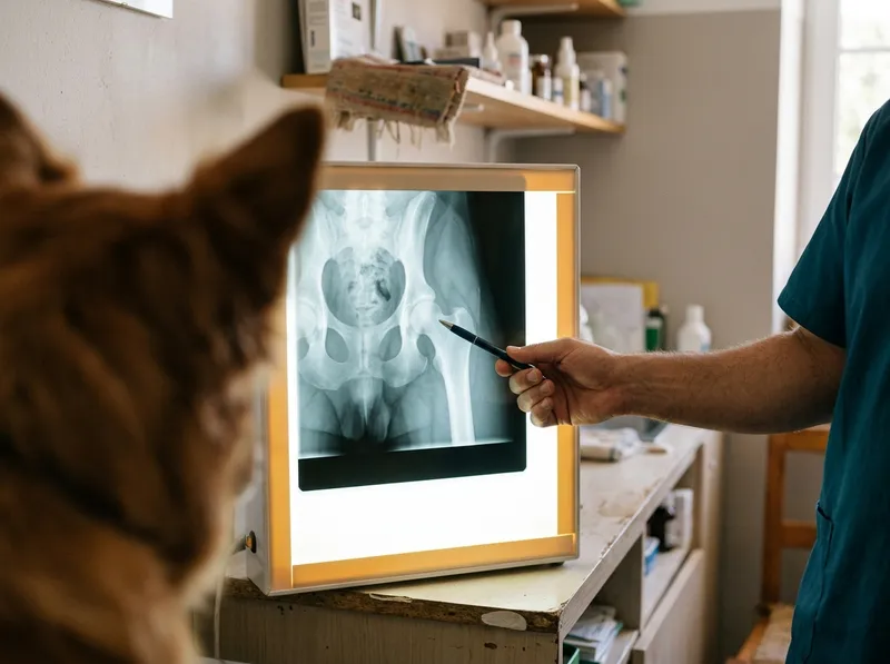Um veterinário a apontar para uma radiografia no negatoscópio (ilustrativa)