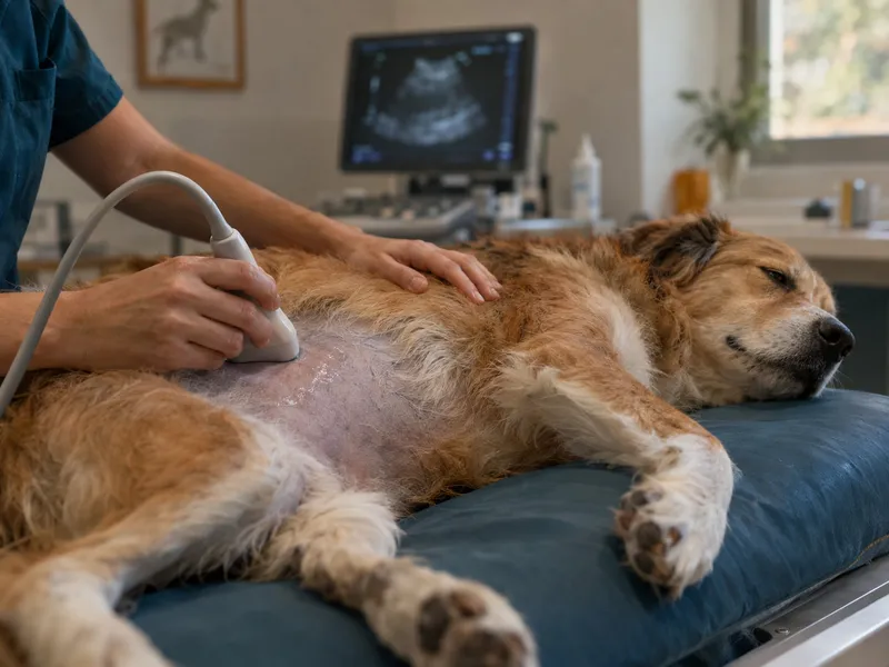 Uma sonda de ecografia na barriga de um cão (ilustrativa)